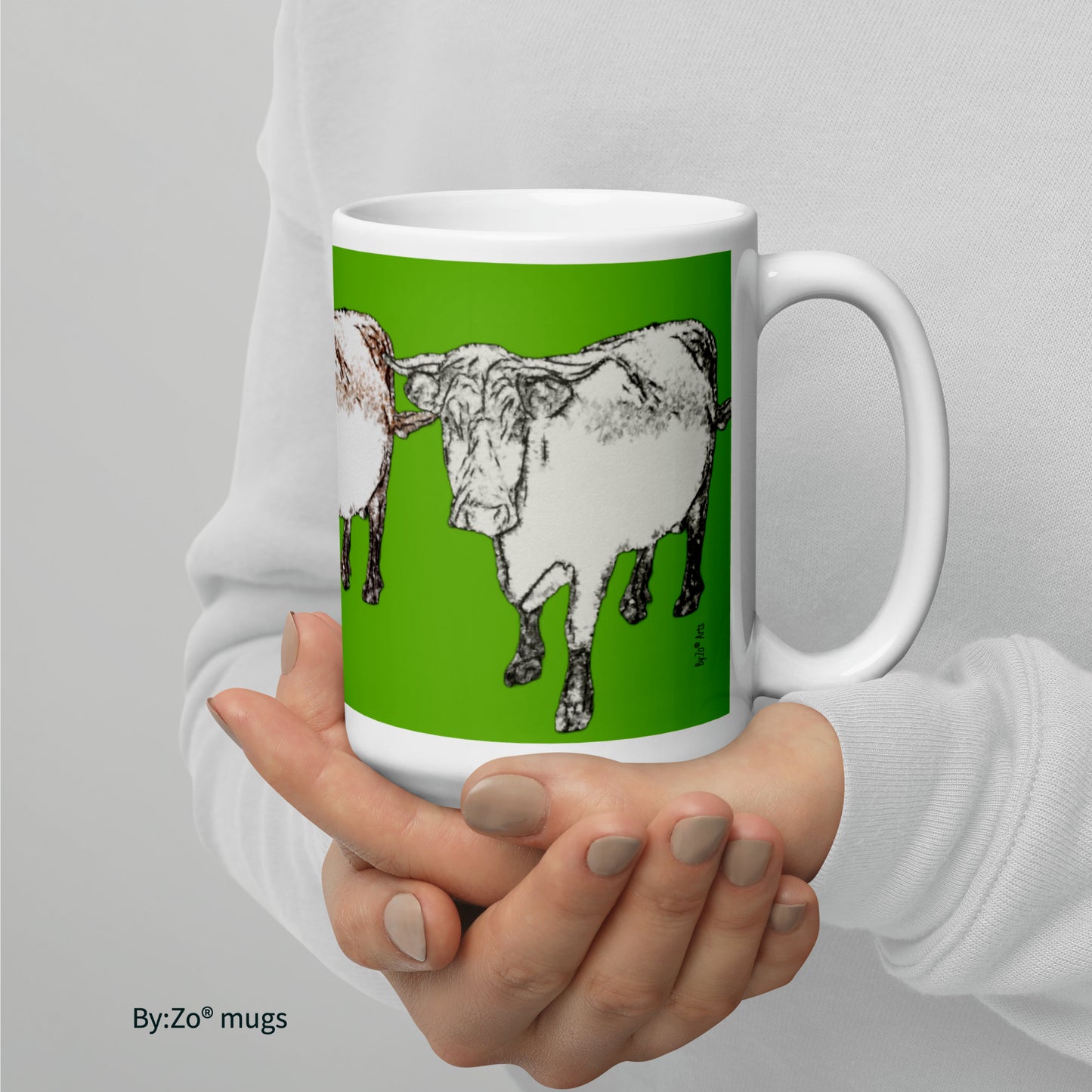 Cow Printed  Green Background White Ceramic Mug Original Photography Art - By:Zo