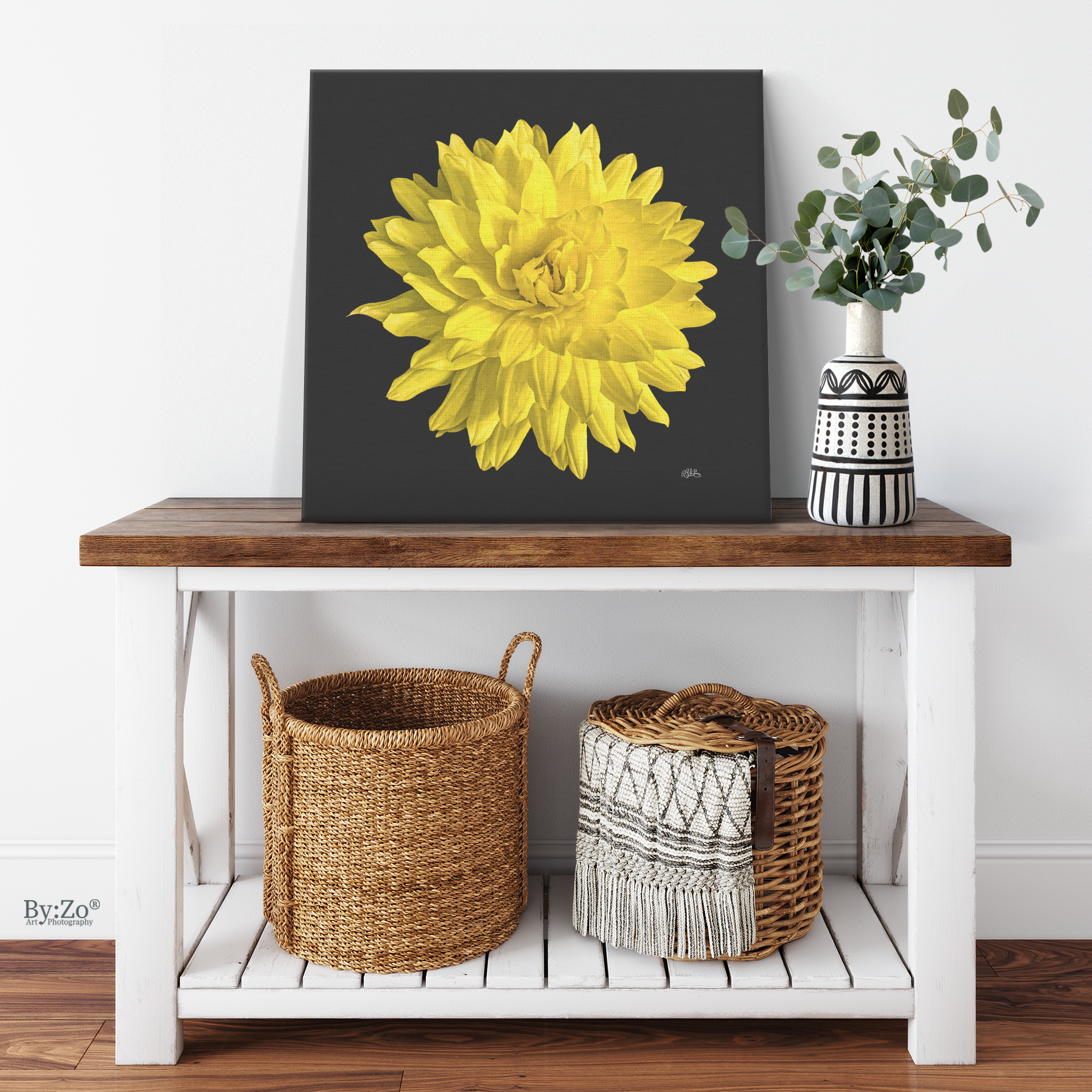 Original l Art Photography of Dahlia Flower on Wrapped Canvas hang on wall home mock up for visual presentation- By:Zo Art by Maria Desnoyers